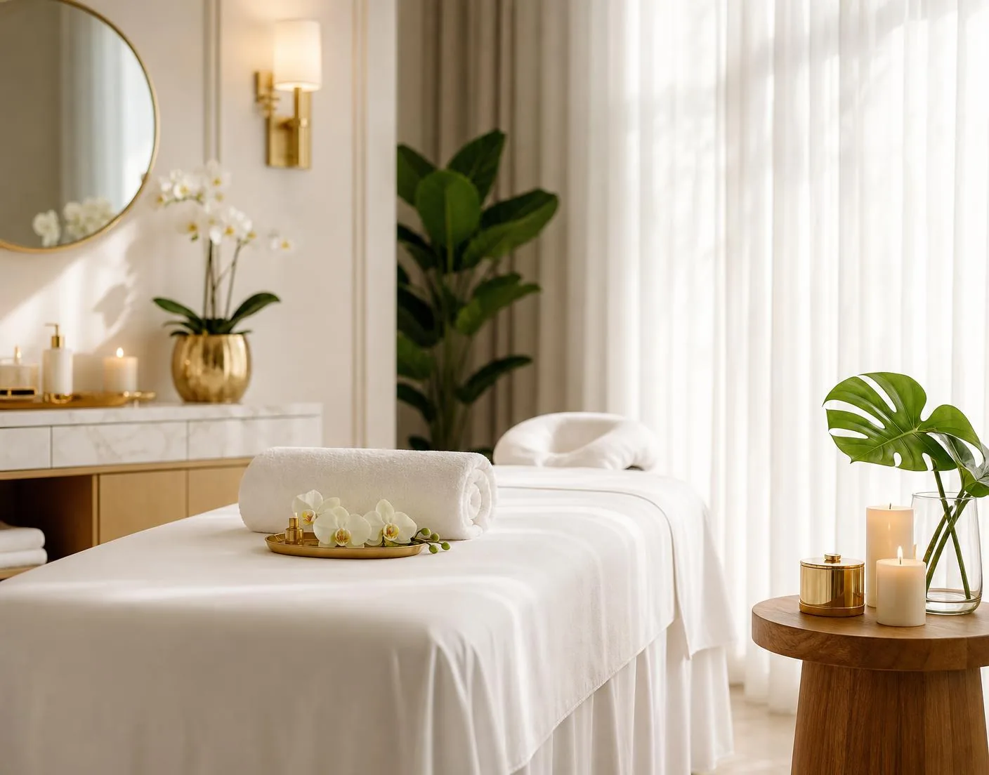 Bright, luxurious massage room with white linens, gold accents, and fresh greenery